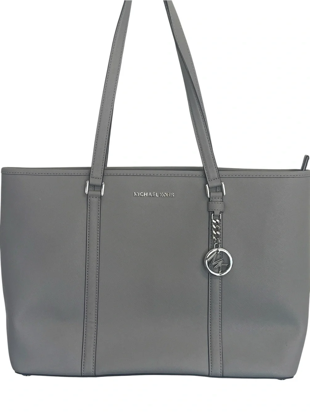 Michael Kors Gray Saffiano Leather Zip Top Tote Shoulder Bag Silver Hardware
